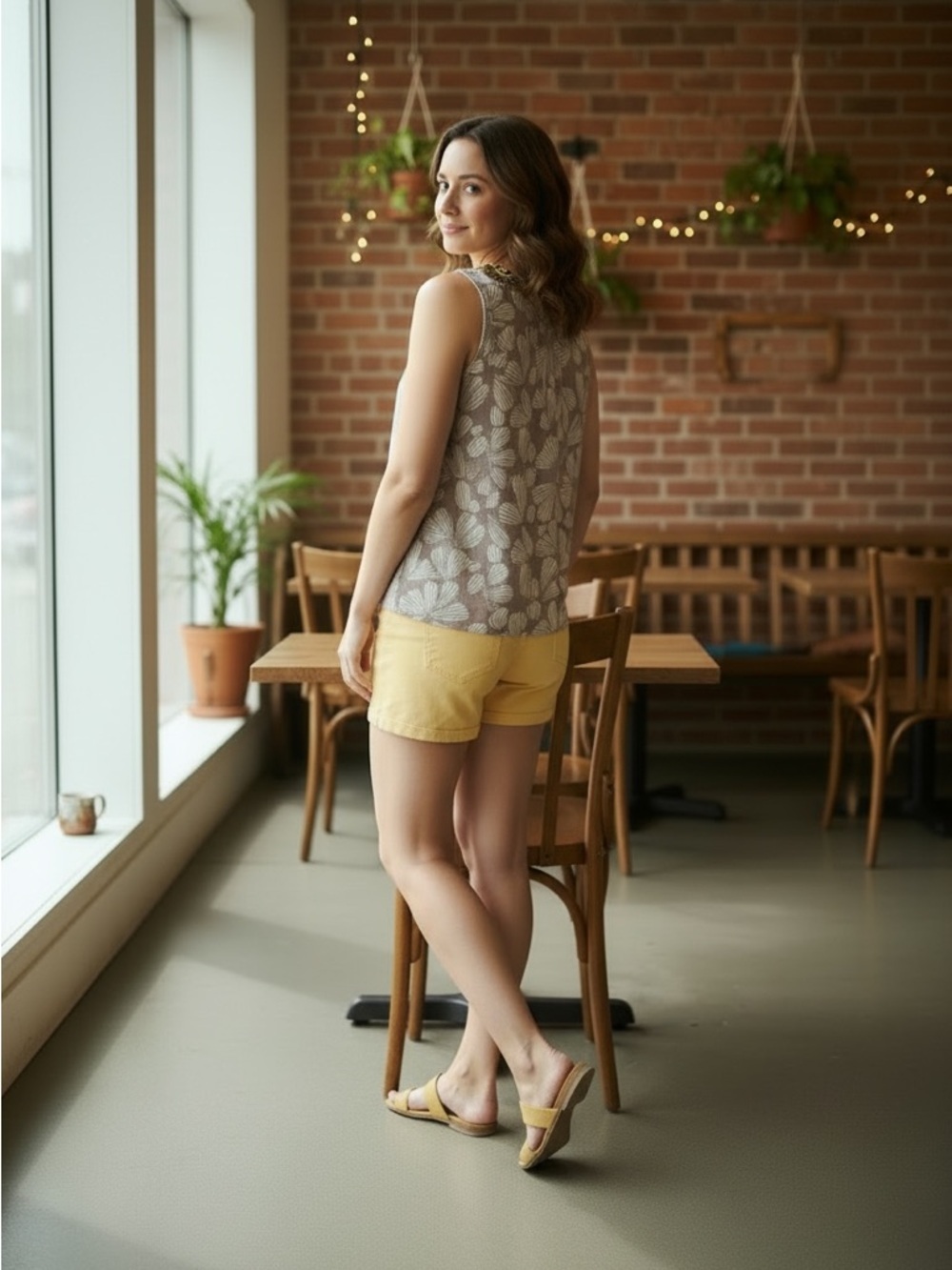 Boden Taupe Floral Sleeveless Top with Yellow Beaded Neckline - Picture 7 of 14